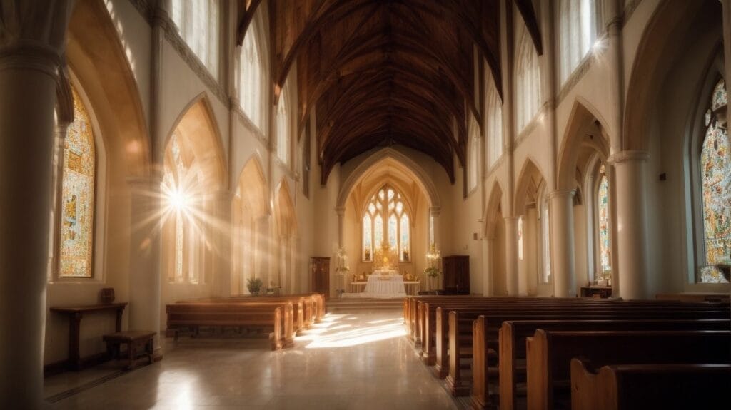 A sunlit church filled with prayer.