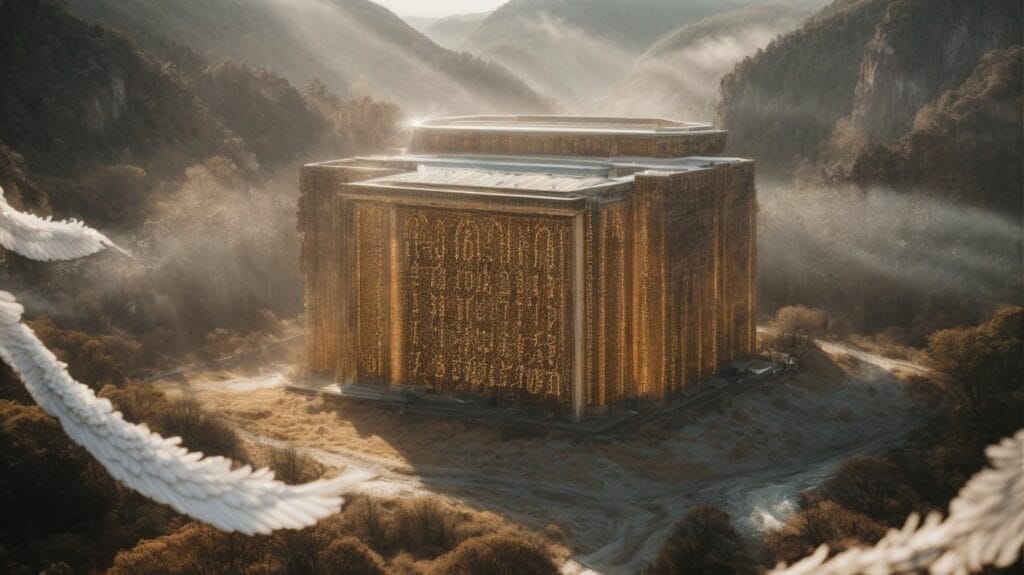 A biblical building with angel numbers inscribed on its wings.