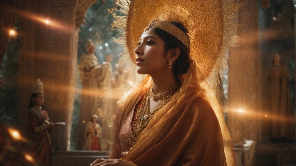 A woman in a golden robe is standing in front of a temple, embodying Spiritual Gifts and displaying deep Understanding.