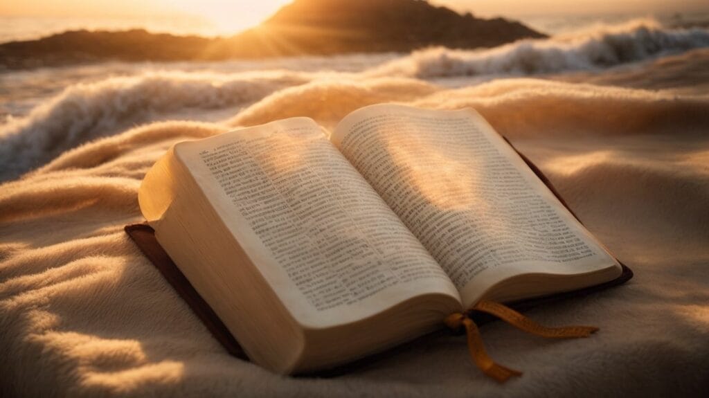 An open Bible on a beach with the sun setting behind it, inviting readers to dive into its profound verses and read today.