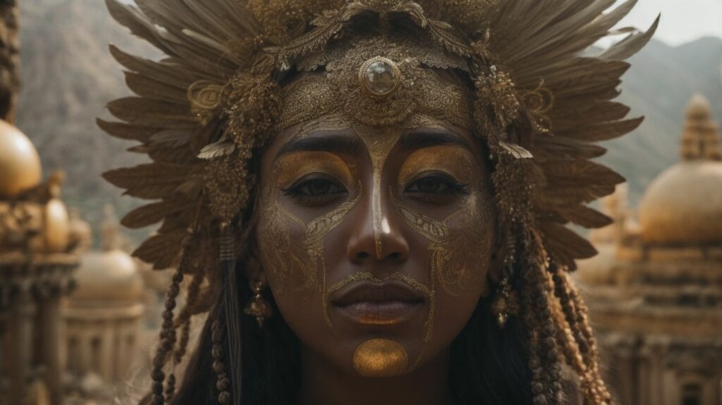 An ancient woman adorned with a golden headdress, symbolizing the oldest religion.