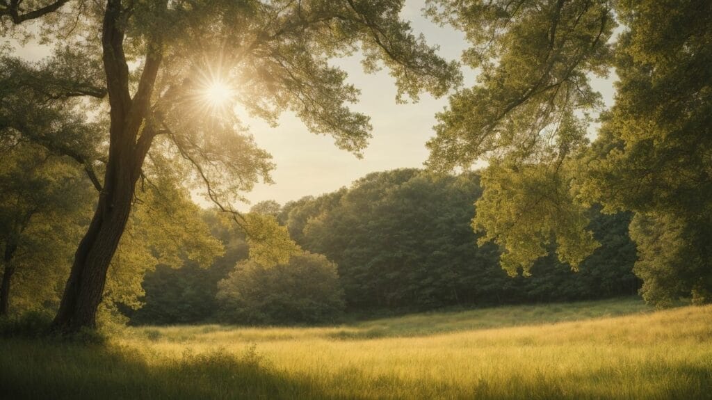 The sun is shining on a grassy field with trees, creating a serene and peaceful atmosphere.
