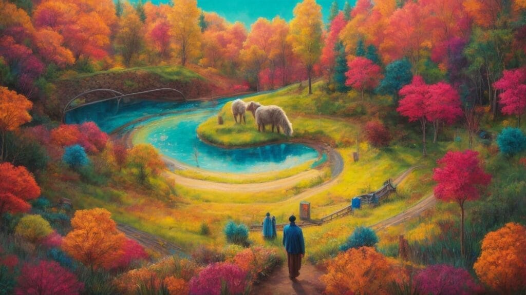 A painting of people walking through a forest with elephants inspired by John 4:8.