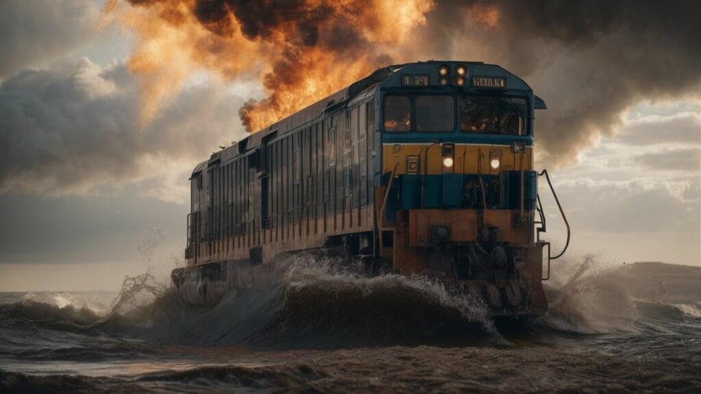 A train in the ocean with smoke coming out of it, enhanced by SEO keywords.