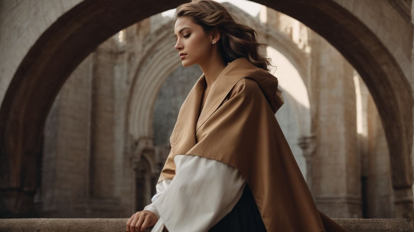 A Christian woman in a tan cape is sitting on a stone wall.