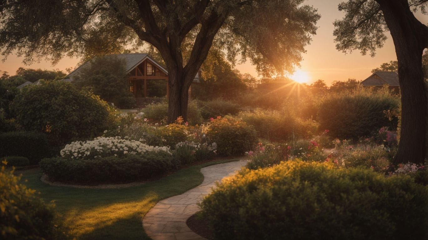 A serene garden at sunset with a path leading to a cozy family house.