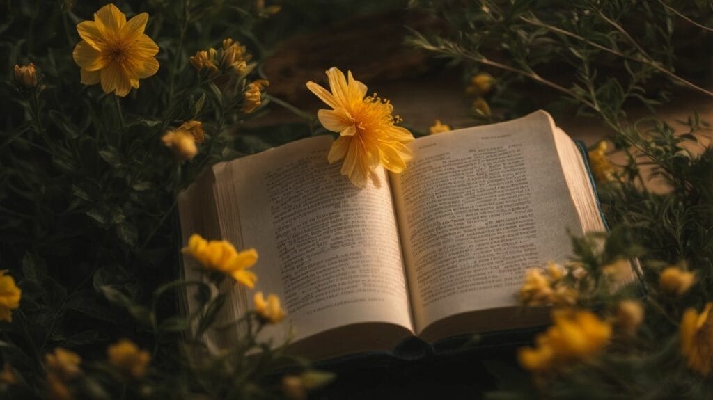An open book adorned with yellow flowers, providing a soothing atmosphere perfect for healing and reflection on Bible verses.