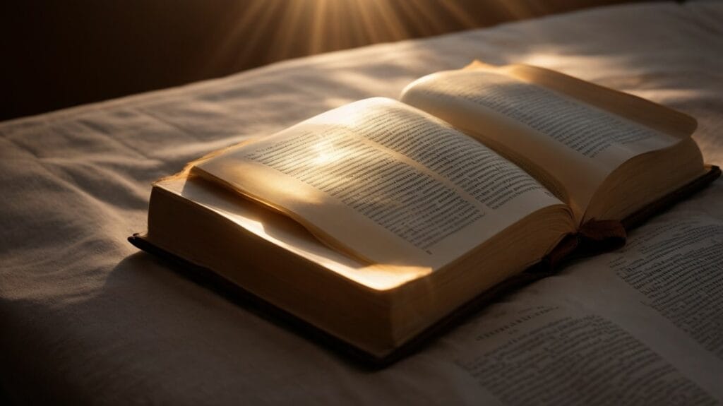 An open bible on a bed, bathed in sunlight, showcasing uplifting Bible verses.