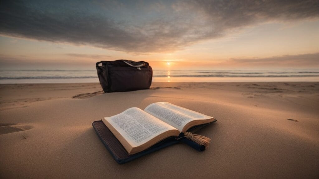 An open bible on the sand at sunset, providing solace and calm amidst life's stresses.