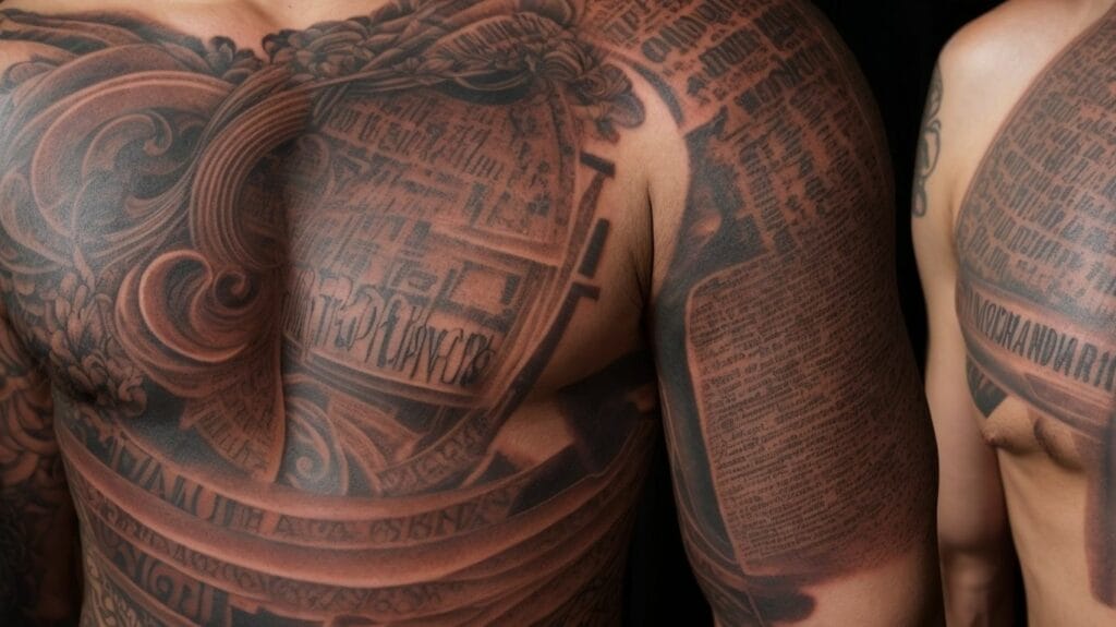 Two tattooed men, displaying Bible verses on their chests.
