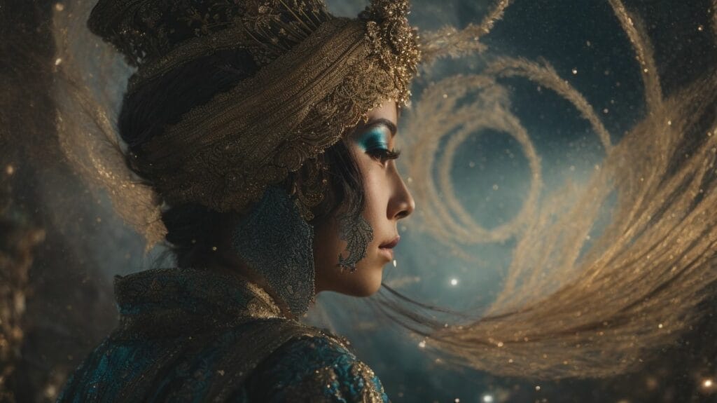 A woman in a Chinese costume standing confidently in front of a starry sky, embodying the message of Deuteronomy 31:8 – the promise of God's constant presence and guidance