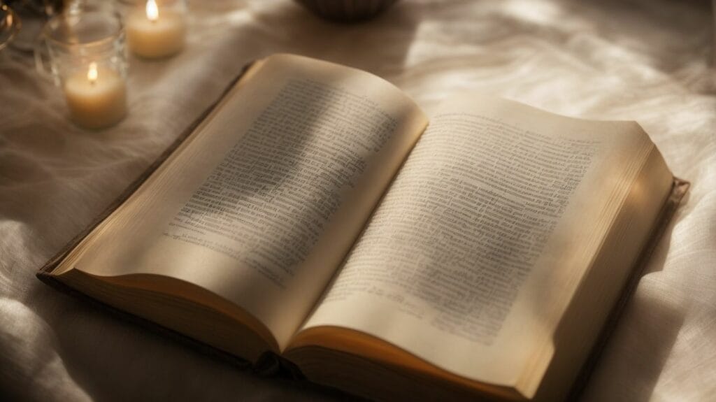 An open book on a bed with Bible verses.