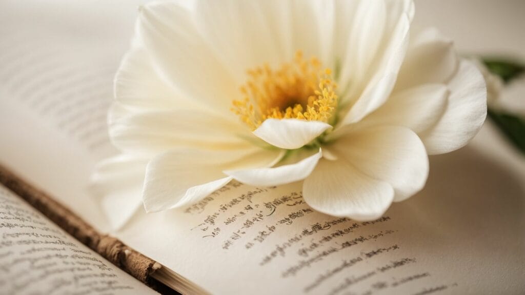 A white flower lies delicately atop an open book, symbolizing the healing power of scriptures.