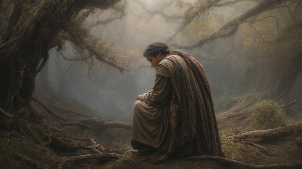 Jeremiah, a man in a robe, sits in the middle of a forest.