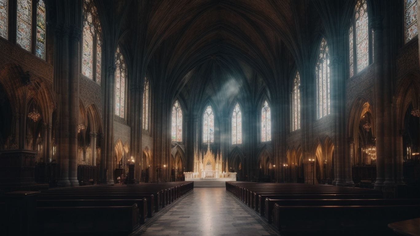 The inside of a Christian church with a light shining through the windows.