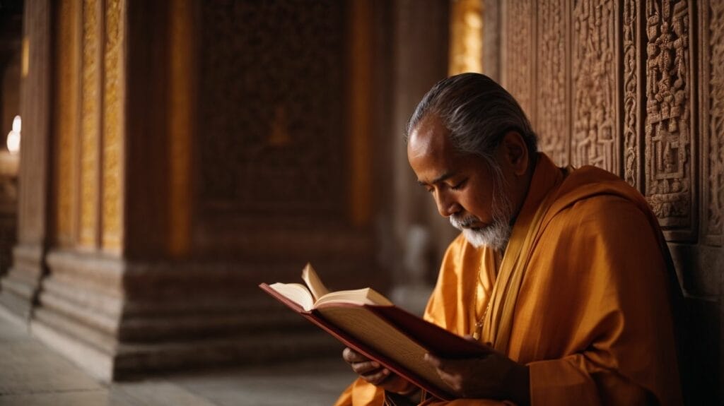 A monk immersed in worship, reading sacred scriptures in a serene temple.